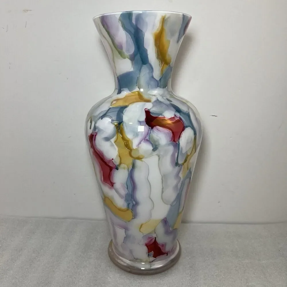 VTG Crane Crest Hand Blown Art Glass Vase Italy Murano Style Splatter MultiColor